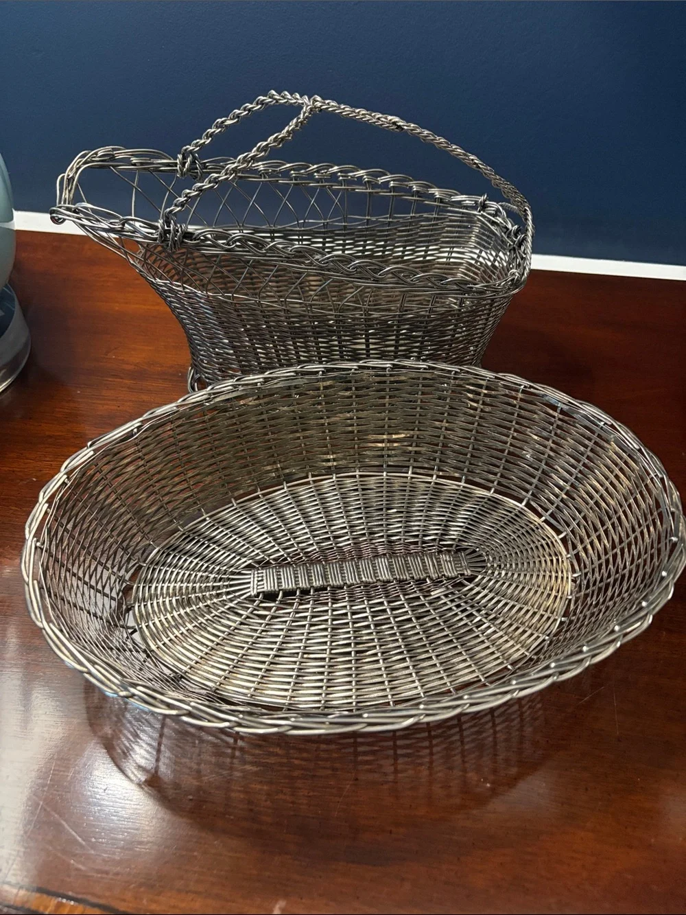 French Inspired Silver Woven Metal Oval Serving Basket with Wine Basket Set